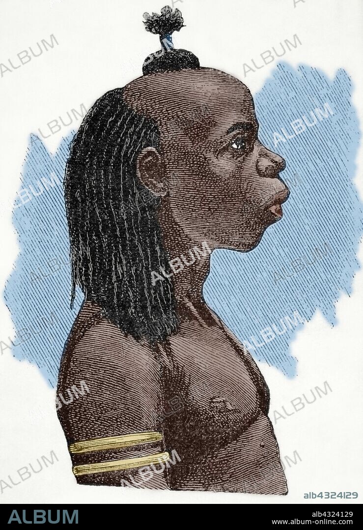Africa. Manyema indigenous, warlike Bantu people. Engraving. Africa inexplorada, el Continente Misterioso by Henry Morton Stanley, c. 1887. Later colouration.