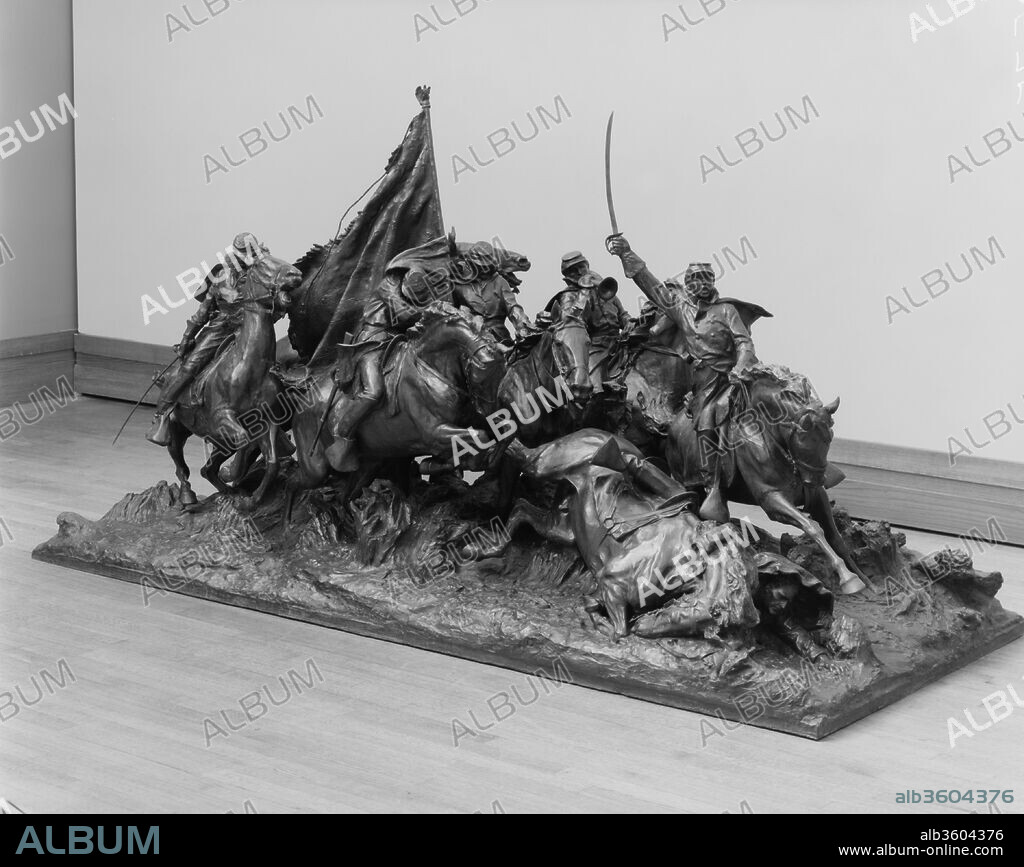 Cavalry Charge. Artist: Henry Merwin Shrady (American, New York 1871-1922 New York). Dimensions: 53 1/2 x 102 x 44 in. (135.9 x 259.1 x 111.8 cm). Date: 1902-16, cast 1924.
While still at work on "George Washington at Valley Forge" (1974.9), Shrady entered a competition for a monument to General Ulysses S. Grant. It was eventually erected in Washington, D.C., in 1922, twenty years after the competition, and two weeks after the artist's death. "Cavalry Charge" is one of the subsidiary groups of this monument to Grant. Depicting a cavalry squad on the battle field, it stands to the right of the central figure, Grant on horseback, at the far north end of the platform, while an artillery company is placed at the south end. Each detail, from the leader's raised sword to the fallen trooper's pained expression, is faithfully reproduced in keeping with Shrady's adherence to accuracy. The artist observed numerous military maneuvers in order to achieve this high degree of realism. This example is the only cast made from the quarter-size final model for the monument.