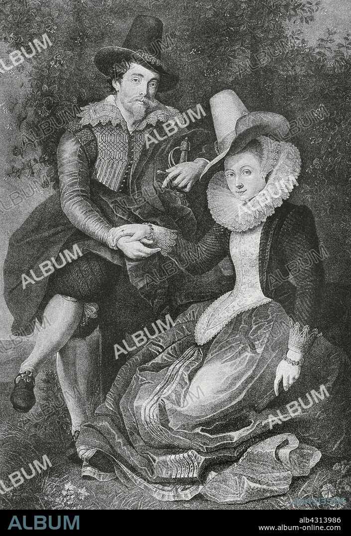 Peter Paul Rubens (1577-1640). Flemish Baroque painter. Engraving after a painting by Rubens entitled "Self-Portrait with his wife Elizabeth Brant", 1609, during the first year of marriage. The Spanish and American Illustration (La Ilustración Española y Americana), 1884.