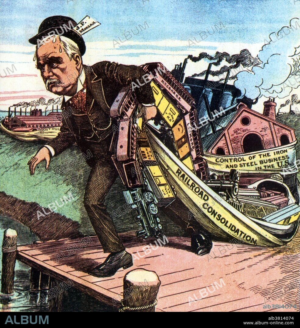 Entitled: "Alexander the Great has more worlds to conquer. After 'reMorganizing' the nation's railroads and steel industry, the master of the money trust announced his plan for a huge British-American shipping combine, a move that prompted this hostile cartoon of 1902." John Pierpont Morgan (April 17, 1837 - March 31, 1913) was an American financier, banker, and art collector. In 1892, Morgan arranged the merger of Edison General Electric and Thomson-Houston Electric Company to form General Electric. He was instrumental in the creation of the United States Steel Corporation. From 1890-1913, 42 major corporations were organized or their securities were underwritten, in whole or part, by J.P. Morgan and Company. At the height of Morgan's career during the early 1900s, he and his partners had financial investments in many large corporations and had significant influence over the nation's high finance and US Congress members. He directed the banking coalition that stopped the Panic of 1907. He was the leading financier of the Progressive Era, and his dedication to efficiency and modernization helped transform American business. Morgan was a physically big man with massive shoulders and piercing eyes. He died in Rome, Italy, in his sleep in 1913 at the age of 75.