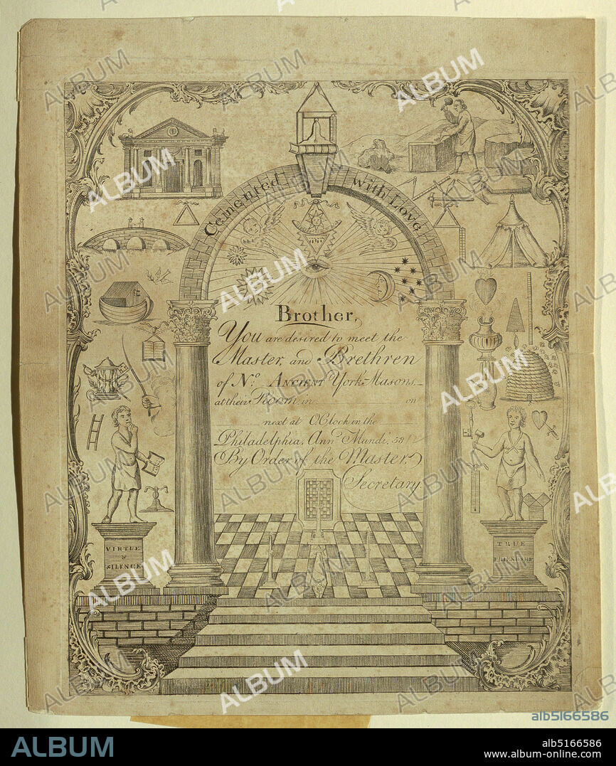 Masonic Invitation, Engraving with black ink on white paper, Vertical rectangle. An arch above a pair of Corinthian columns. Emblems surround the archway: 'Brother you are desired to meet the Master, and Brethren of No. Ancient York-Masons...', France and USA, Philadelphia, Pennsylvania, USA, ca. 1800, Print, Print.