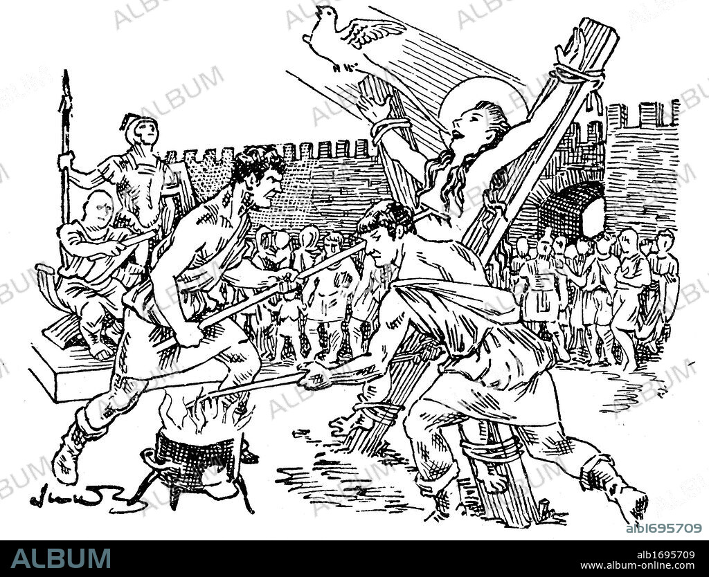 Martirio de Santa Eulalia. Dibujo de Joan Junceda publicado en el libro de lectura escolar Santa Tierra de España, editado en Barcelona en 1942.