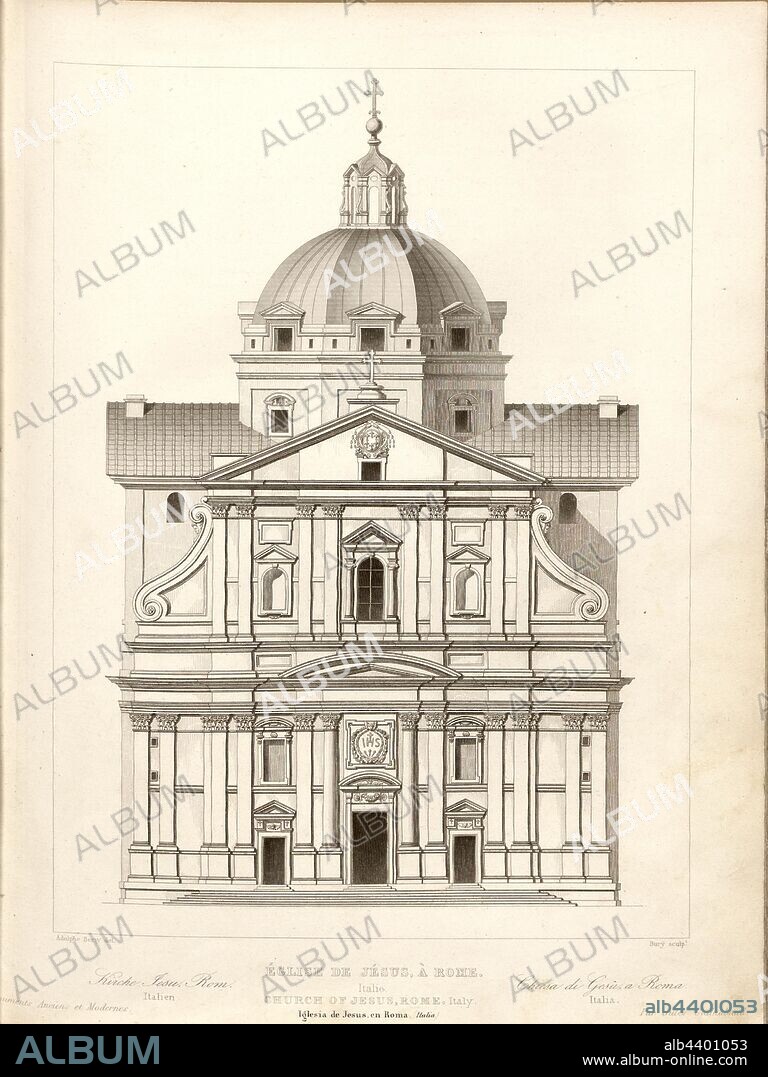 Church of Jesus, Rome. Italy, Il Gesù church in Rome, signed: Adolphe Berty del, Bury sculp, Fig. 56, p. 246, Berty, Adolphe (del.); Bury, Jean Baptiste Marie (sc.), 1853, Jules Gailhabaud: Monuments anciens et modernes: collection formant une histoire de l'architecture des différents peuples à toutes les époques. Paris: Librairie de Firmin Didot frères, 1853.