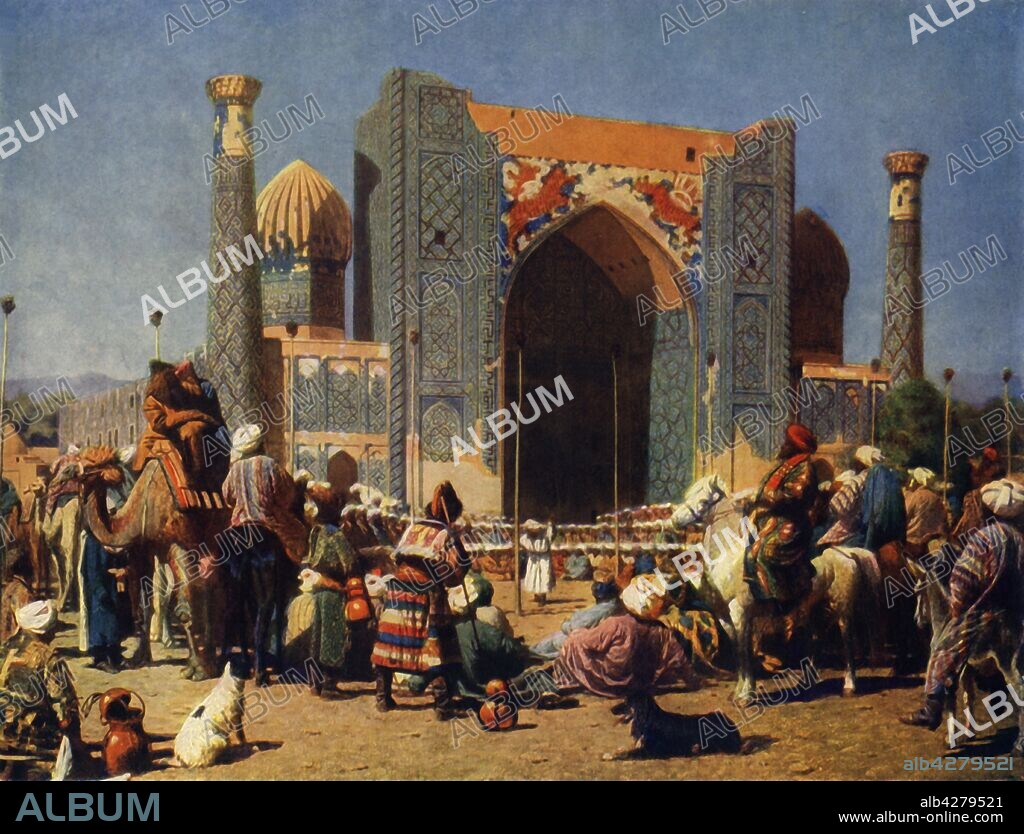VASILY VERESHCHAGIN. 'They are Triumphant', c1871-c1872, (1965). Decapitated heads of Russians are displayed on poles in front of the Sher-dor Madrasah in Registan, Samarkand. Painting in the collection of the State Tretyakov Gallery, Moscow. From "Russian Painting of the 18th and 19th Centuries" by Vladimir Fiala. [Artia, Czechoslovakia, 1965].