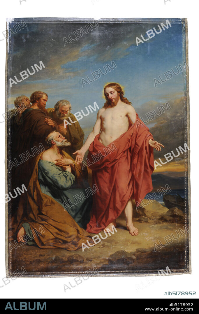 painting, Nicaise de Keyser, 1851, Signature front, bottom left: N de Keyser 1851, canvas, oil paint, painted, Carrier: 437 x 311cm 4370 x 3110mm, Image size: 417 x 290cm 4170 x 2900mm, landscape, biblical representation, man, christ, lead, Painting depicting the confession of Peter. To the right of the center, Christ is depicted barefoot and wearing only a red cloth. He holds up his right hand to Peter, who is kneeling to his left. He is wearing a blue robe with a brown cloth. Behind Peter are three more disciples. The figures are set in a rocky landscape, under a light blue sky. Signed lower left, 1997.