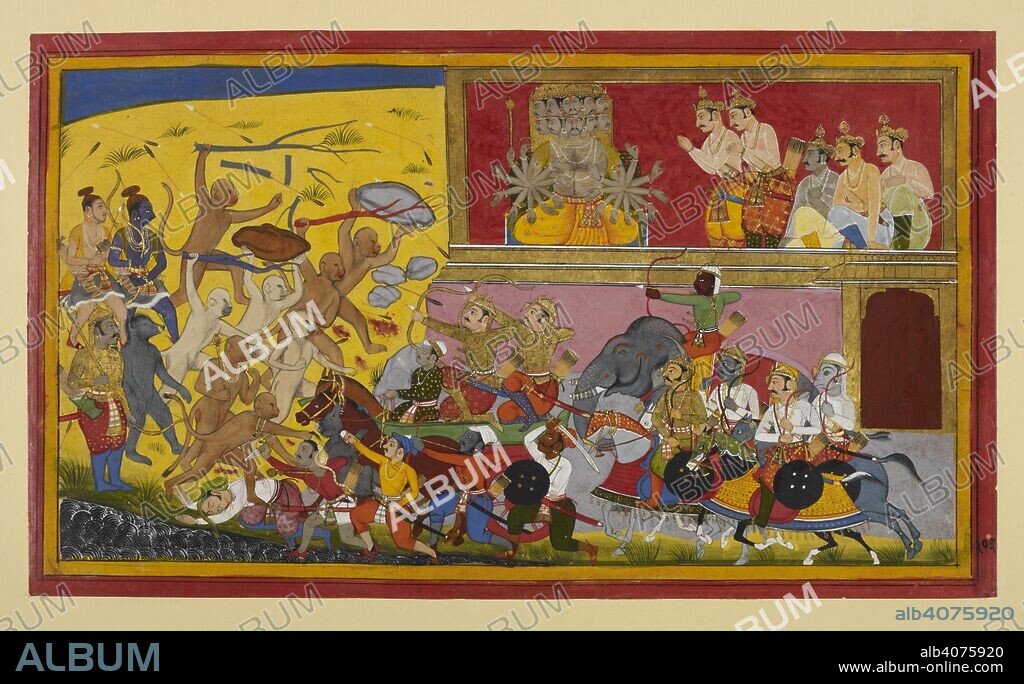 RÄvaá¹‡a, in his palace, orders Kumbha and Nikumbha, the sons of Kumbhakará¹‡a, to do battle along with other demons. They set out from the city, the two brothers in one chariot, the others on elephant and horseback, and are met by the monkeys showering them with rocks and wielding trees. RÄma, Laká¹£maá¹‡a and VibhÄ«á¹£aá¹‡a look on. Ramayana. Udaipur, c.1653. Source: Add.19297(1), f.103. Language: Sanskrit.