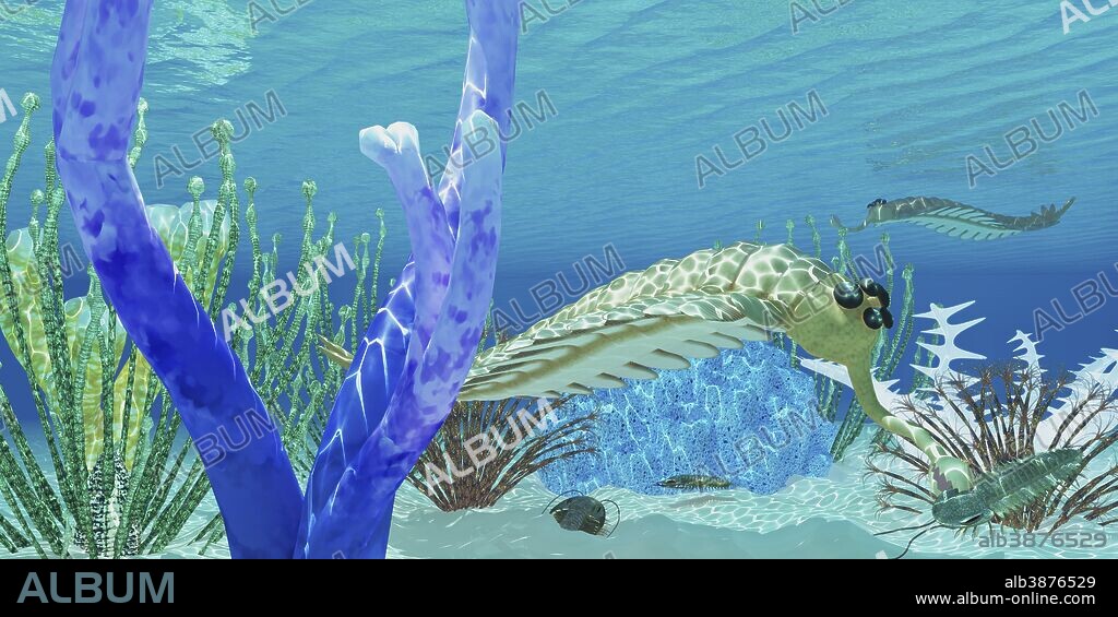 The predator Opabinia uses its proboscis to eat a trilobite in a Cambrian ocean.