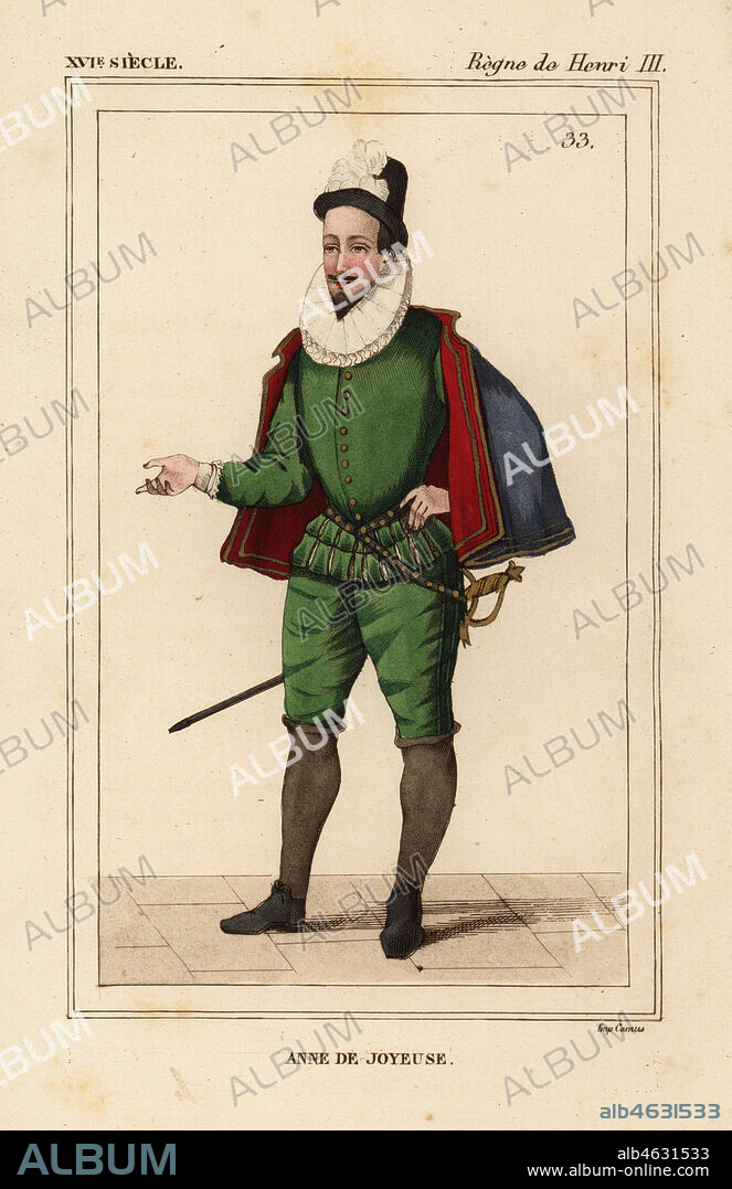 Anne de Batarnay de Joyeuse, Duke of Joyeuse, mignon and admiral in the reign of King Henri III of France. Handcoloured lithograph after a portrait in Roger de Gaignieres' gallery portfolio IX 60 from Le Bibliophile Jacob aka Paul Lacroix's Costumes Historiques de la France (Historical Costumes of France), Administration de Librairie, Paris, 1852.