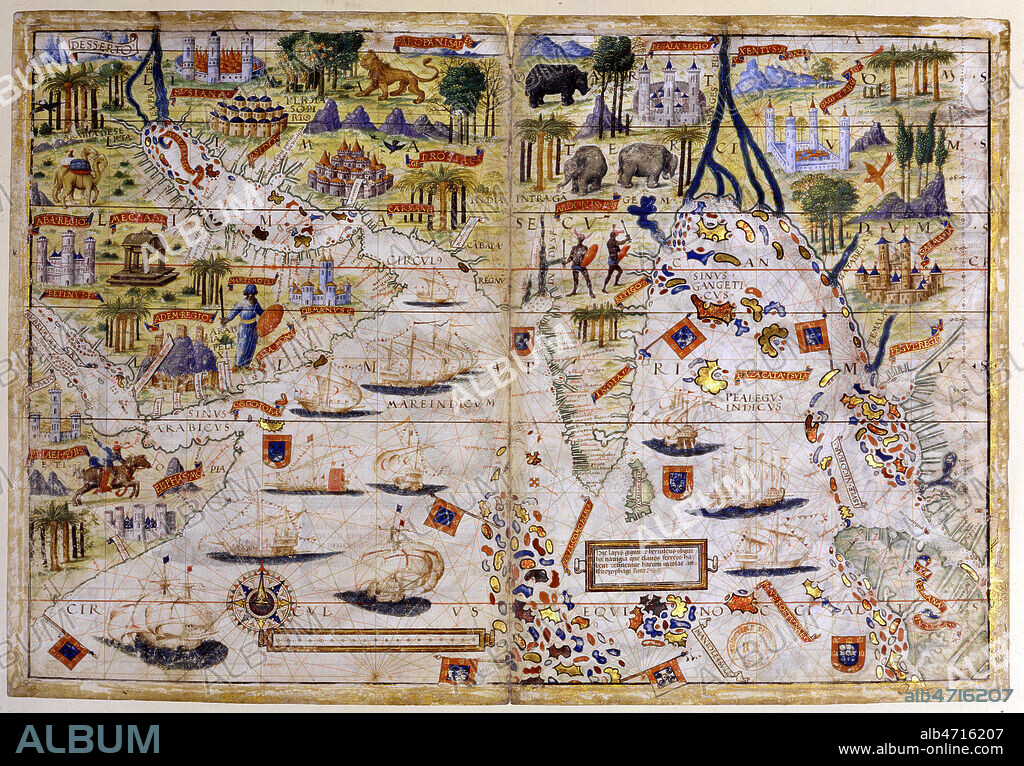 Asie : l'Inde et l'Arabie, ocean indien et oceanie, des caravelles occidentales sillonent l'ocean indien. Carte geographique tiree de l'Atlas Miller par Lopo HOMEM, datant de 1519 (16e, 16eme, XVIe s.) ATLAS Miller, Atlas portugais decouvert en France au 19e date du 16e siecle, origines incertaines. Montrant l'ocean indien, le golfe persique , Inde et l'Afrique du Nord, et produit juste apres les expeditions portugaises de Vasco de Gama , Cabral, Coehlo et Albuquerque entre la fin du 15eme et le debut du 16eme siecle, cet atlas represente l'ensemble du monde connu avant le voyage de Magellan (1519-1522) et rend compte de l'expansion du Portugal en Asie. MAnuscrit enlumine sur parchemin, par Gregorio Lopes, produit a lisbonne au Portugal, 41,5cmx59cm. Document conserv a la Bibliotheque Nationale,Credit : Collection NB/KHARBINE-TAPABOR.