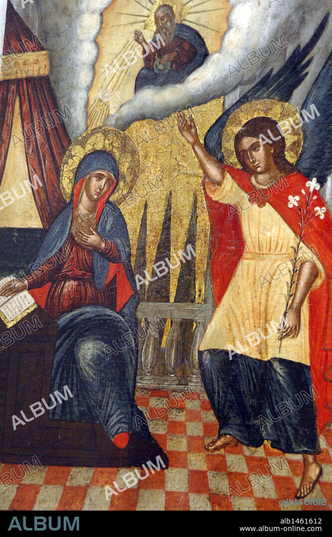 ARTE BIZANTINO. CROACIA. Icono del s. XVI que representa LA ANUNCIACION. Escuela italo-cretense. Museo del Monasterio Franciscano. Dubrovnik.