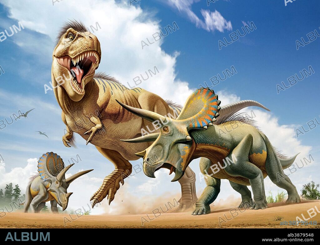 Tyrannosaurus Rex fighting with two Triceratops while trying to hunt them.