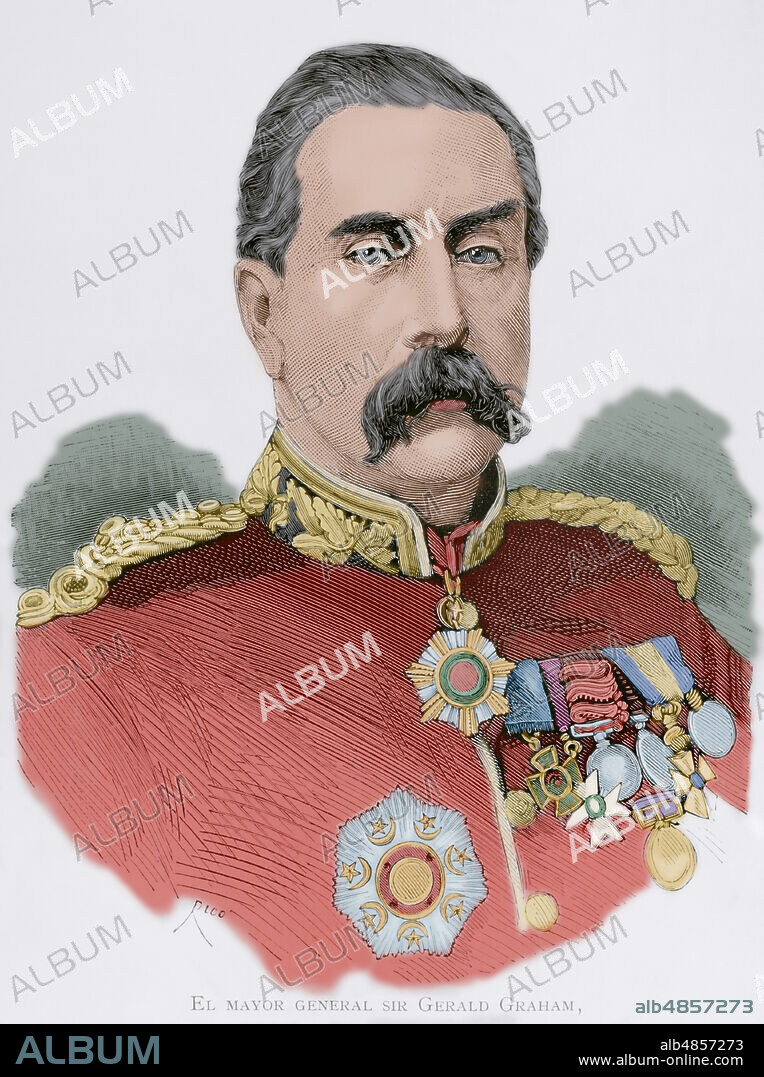 BERNARDO RICO (1825-1894). SPANISH PAINTER AND ENGRAVER.. Sir Gerald Graham (1831-1899). General inglés del Corps of Royal Engineers (Ingenieros Reales). Retrato. Grabado por Bernardo Rico. Coloreado. La Ilustración Española y Americana, 1884.