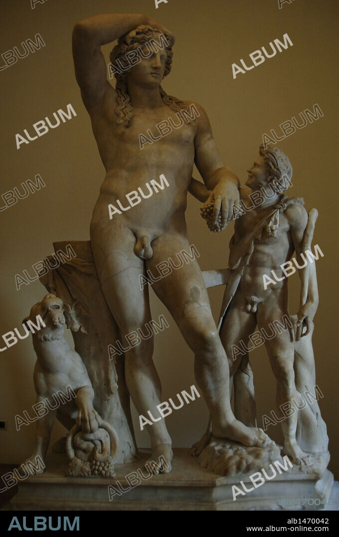 ARTE ROMANO. ITALIA. ESTATUA DE DIONISIO CON SATIRO Y PANTERA (DIONISIO LUDOVISI). Fechada en el siglo II, fue hallada en el Quirinal. Mármol. Colección Ludovisi. Palacio Altemps. Museo Nacional Romano. ROMA.