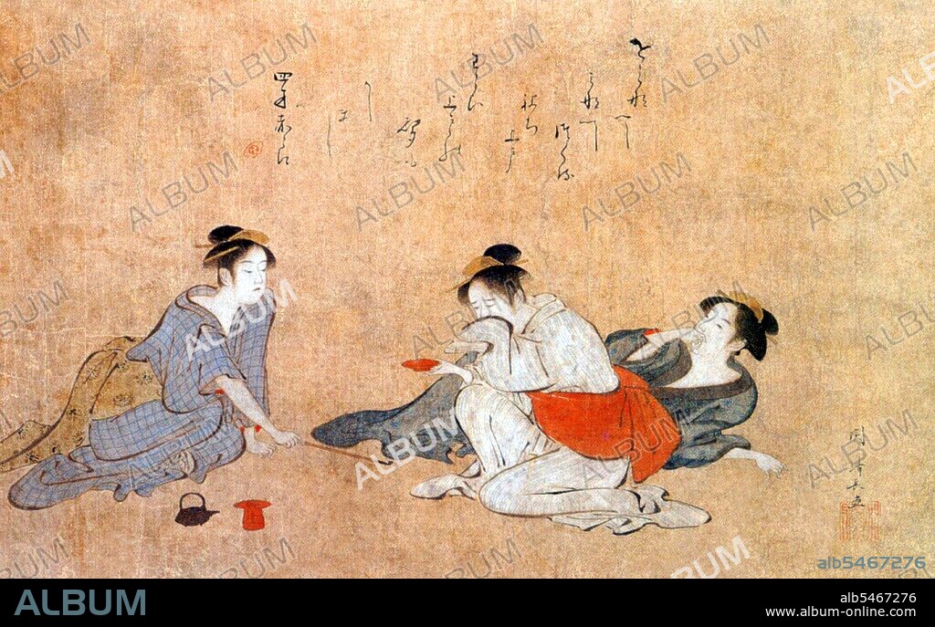 Torii Kiyonaga (?? ???, 1752 - June 28, 1815) was a Japanese ukiyo-e printmaker and painter of the Torii school. Originally Sekiguchi Shinsuke, the son of an Edo bookseller, he took on Torii Kiyonaga as an art-name (go). Although not biologically related to the Torii family, he became head of the group after the death of his adoptive father and teacher Torii Kiyomitsu. The master Kiyomitsu died in 1785; since his son died young, and Kiyotsune, Kiyonaga's senior, was a less promising artist, Kiyonaga was the obvious choice to succeed Kiyomitsu to leadership of the Torii school. However, he delayed this for two years, likely devoting time to his bijinga and realizing the immense responsibility that would fall on his shoulders once he took over the school. Thus, in 1787, he began organizing the production of kabuki signboards and the like, which the school held a near monopoly on. He also began to train Kiyomitsu's grandson, Torii Kiyomine, who was to succeed him. Kiyonaga is considered one of the great masters of the full-color print (nishiki-e) and of bijinga, images of courtesans and other beautiful women. Like most ukiyo-e artists, however, he also produced a number of prints and paintings depicting Kabuki actors and related subjects, many of them promotional materials for the theaters. He also produced a number of shunga, or erotic images.