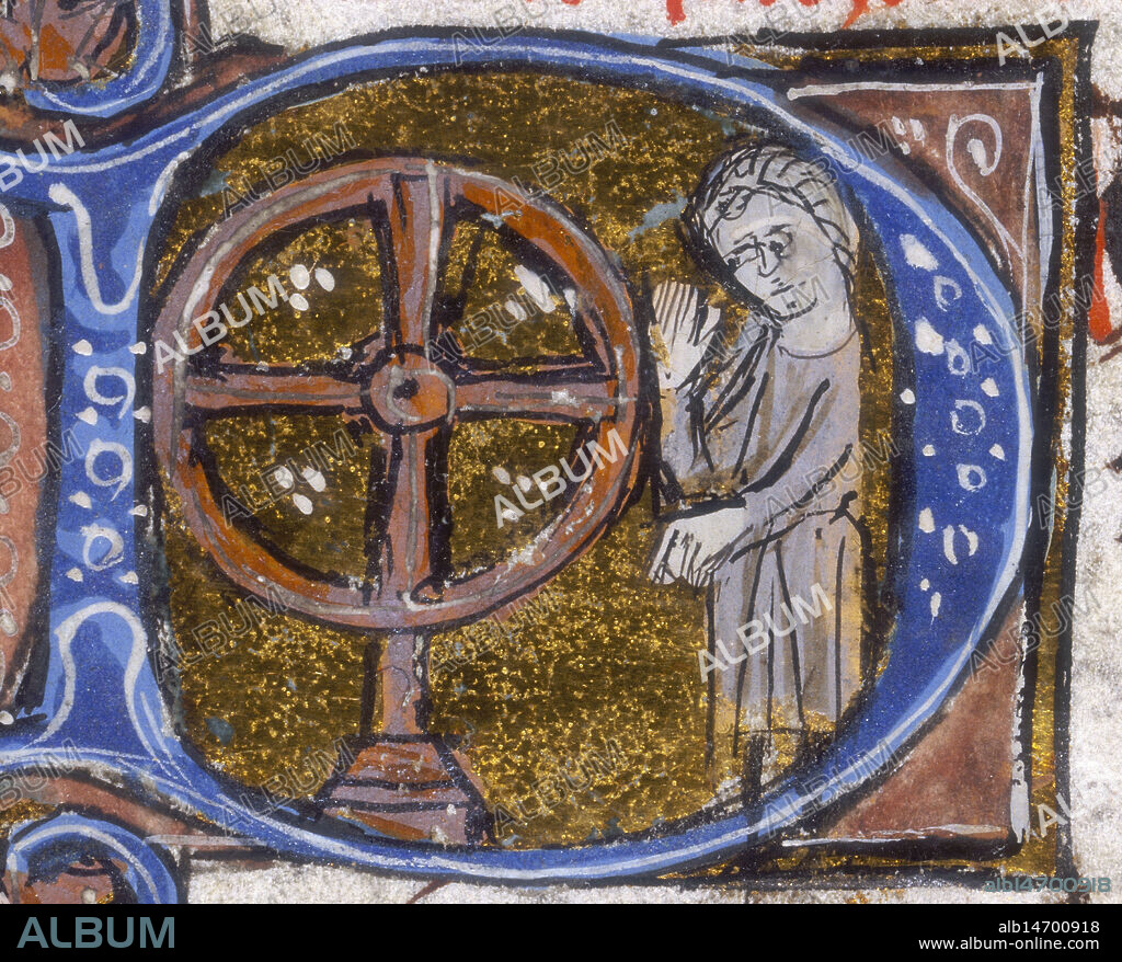 A wheel of fortune, early 14th century. The wheel is associated with fate and chance. From a medieval manuscript of Ptolemy's "Tetrabiblos" (Four Books). The books explore the ways in which the configurations of the heavens can affect what happens on earth, including what happens to people.