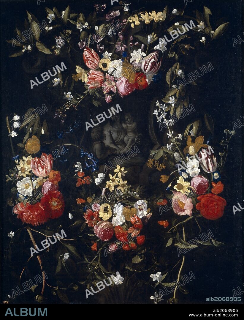 Jan Erasmus Quellinus; Daniel Seghers / 'Garland of Flowers with the Virgin, the Christ Child and Saint John', First half 17th century, Flemish School, Oil on canvas, 130 cm x 105 cm, P01994.