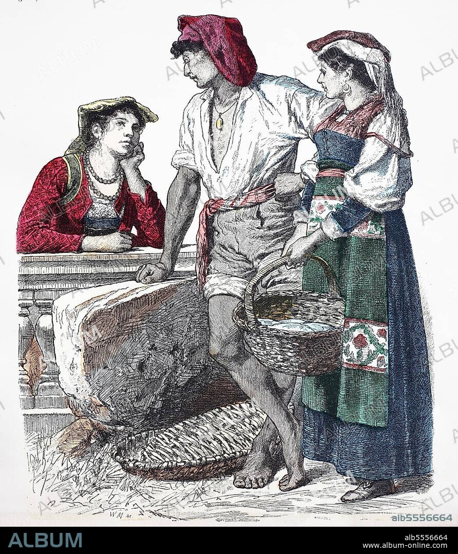 Folk traditional costume, clothing, history of costumes, woman from the Volsk Mountains, fishermen from Naples, Italy, 1880, digitally restored reproduction of a 19th century original, exact date unknown, Europe.