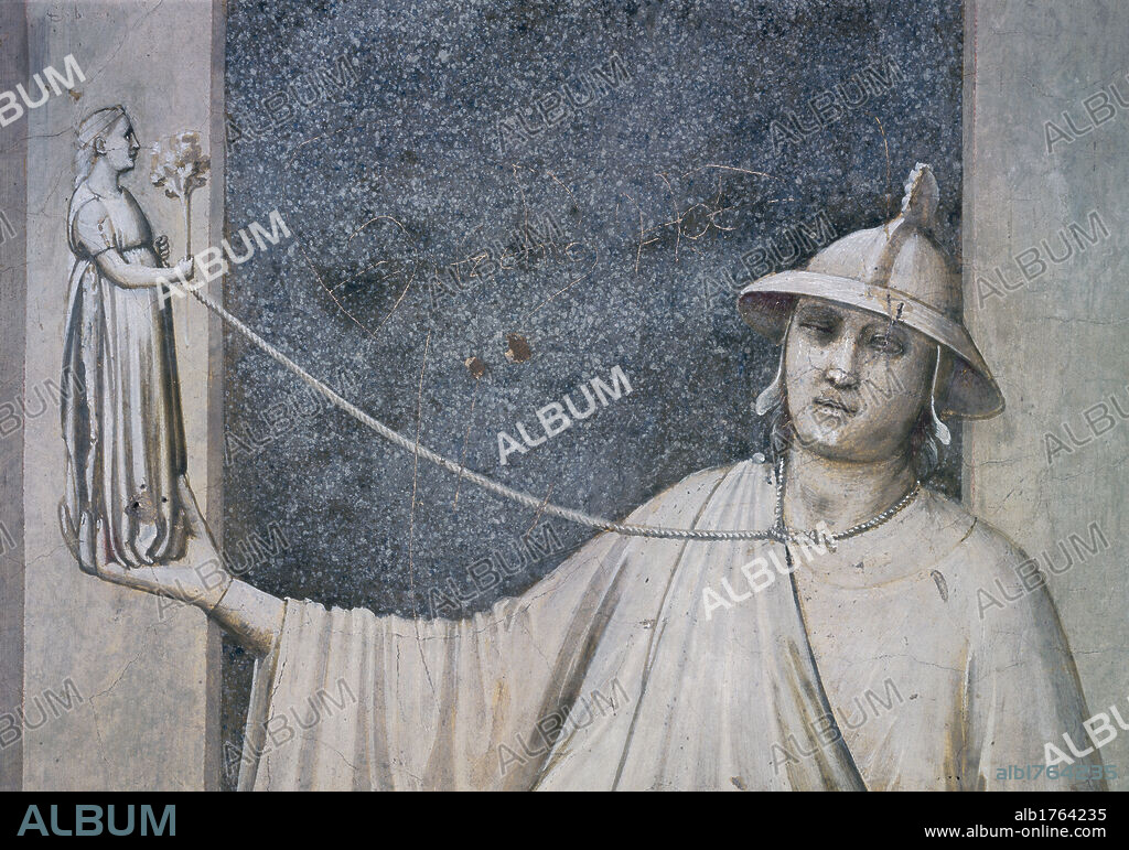 Allegories of Virtues and Vices, by Giotto, 1304-1306 about, 14th Century, fresco, cm 120 x 60. Italy, Veneto, Padua, Scrovegni Chapel. Detail. Allegories of the Virtues and Vices Infidelity monochrome man helmet garment dress drapery folds statue statuette woman half length figure corbel console scroll rope neck gray white black.