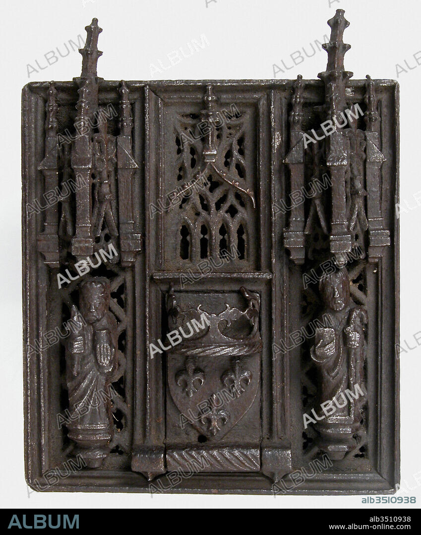 Lock, 14th century, French, Iron, Overall: 5 x 3 15/16 x 2 5/8 in. (12.7 x 10 x 6.7 cm), Metalwork-Iron, The decoration of Gothic iron locks and keys was often elaborate and of the highest standard of workmanship. The motifs were frequently drawn from Gothic architecture, reproducing on a miniature scale complicated tracery patterns and even tiny statuettes.