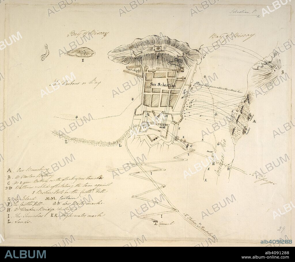 A drawn plan of St. Sebastian (San Sebastian, Spain). The town and harbour, under siege, during the Peninsular war. [A drawn plan of St. Sebastian, with a descriptive reference]. 1813. 390 x 320 mm. Source: Maps C.18.l.1.(34.).