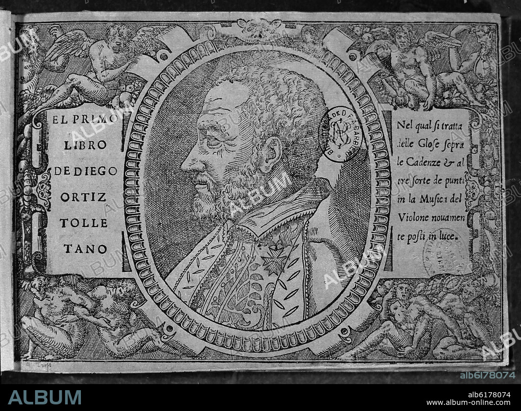 RETRATO DE DIEGO ORTIZ (1510-1570) COMPOSITOR VIOLAGAMBISTA Y TEORICO MUSICAL RENACENTISTA EN LA PORTADA DE SU LIBRO TRATADO DE GLOSAS.