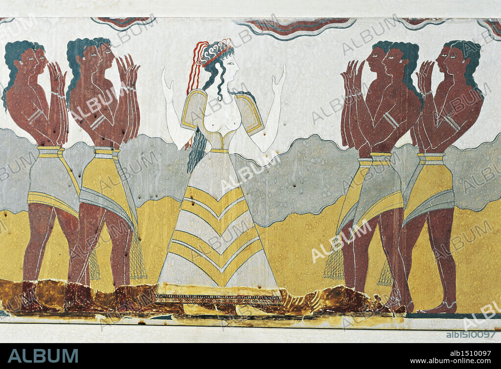 Minoan civilization, 2nd millennium b.C. Reconstruction of the fresco of the Procession, found in the Palace of Knossos. Detail: young men carrying offerings to a goddess, 1700-1400 b.C.