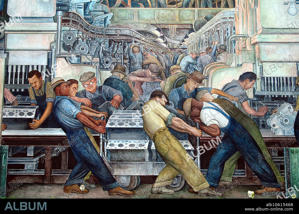 Detail of the north wall of Diego Rivera mural at the Detroit Institute of the Arts. 1932-33: Main panel, depicting the Ford Motor Company Rouge complex.