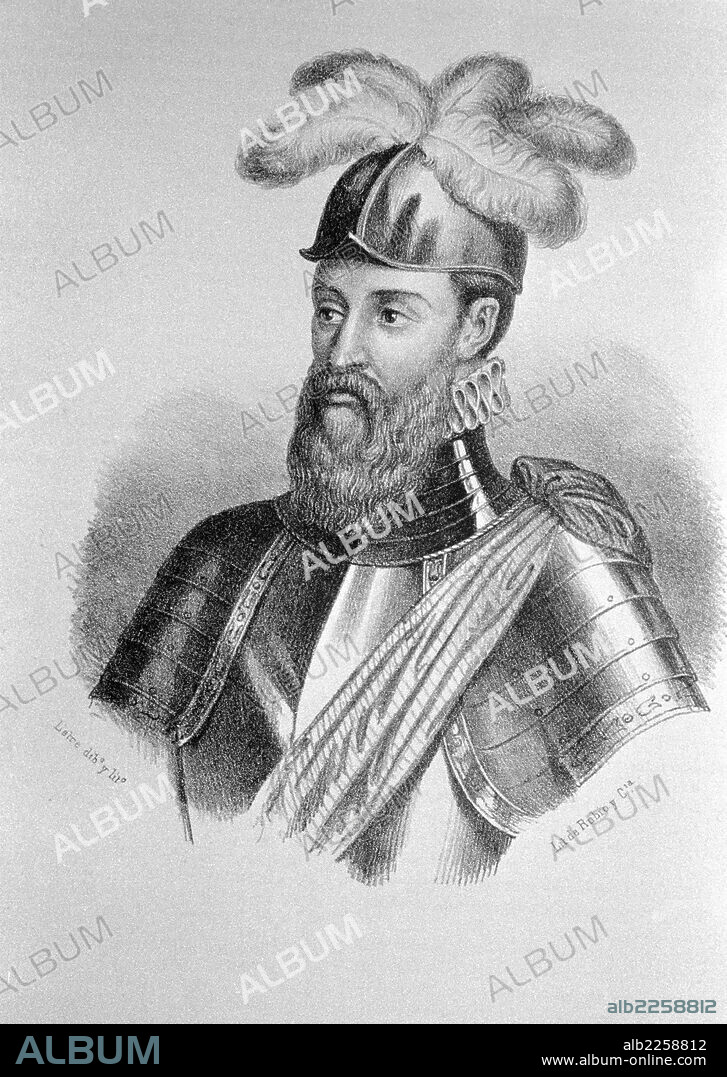 FRANCISCO PIZARRO. CONQUISTADOR ESPAÑOL. TRUJILLO 1475 - 1541. GRABADO RETRATO DE LEIRE. BIBLIOTECA NACIONAL. MADRID.
