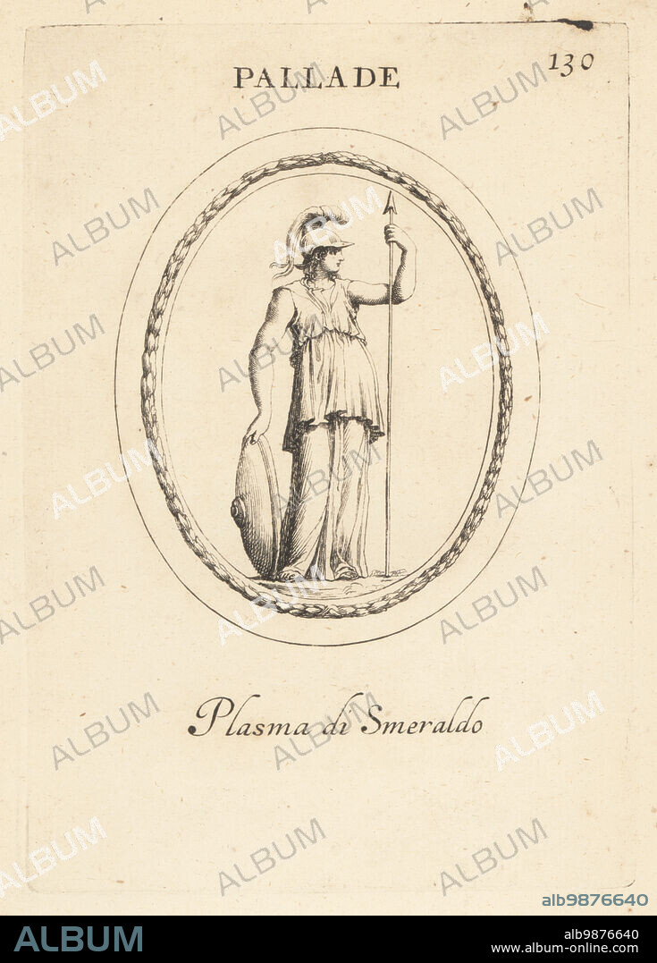 Figure of Pallas, daughter of Triton in Greek mythology, with shield, spear and helmet. In emerald plasma. Pallade. Plasma di smeraldo. Copperplate engraving by Giovanni Battista Galestruzzi after Leonardo Agostini from Gemmae et Sculpturae Antiquae Depicti ab Leonardo Augustino Senesi, Abraham Blooteling, Amsterdam, 1685.