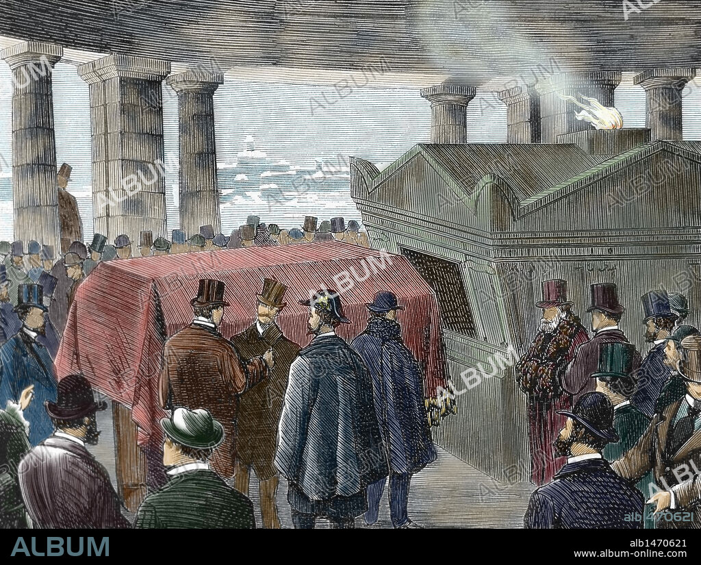 Keller, Albert (1820-1874). Italian capitalist. He bequeathed part of his fortune to build the first crematorium in Milan by entering in his will that his own corpse was subjected to cremation. Keller's body cremated. Colored engraving.