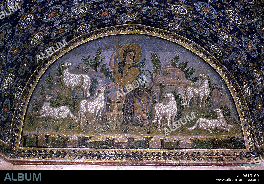 Mosaic of the Good Shepherd, in the Chapel of San Lorenzo in the Mausoleum of Galla Placidia at Ravenna.