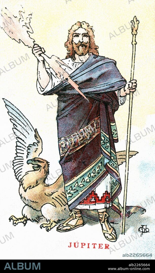 APEL·LES MESTRES I OÑÓS. Mitología. Júpiter, dios principal de la mitología romana, según los griegos Zeus, hijo de Saturno y Rea; susatributos son el áquila, el rayo y el cetro. Años 1920.
