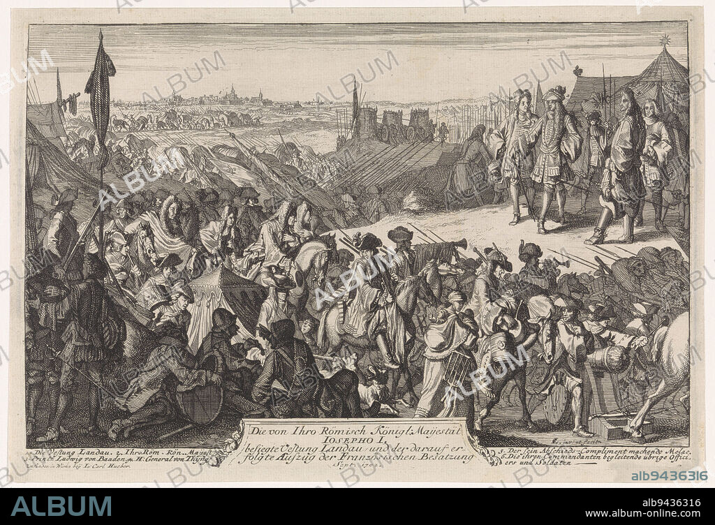 The siege of Landau, captured from the French by imperial troops under Louis William I, Margrave of Baden-Baden, September 10, 1702. On the right, state Joseph I with prince Louis William. In the background, French troops depart from Landau. The print has a German caption with directions, Capture of Landau, 1702, print maker: Caspar Luyken, (mentioned on object), Caspar Luyken, (mentioned on object), publisher: I. C. Hueber, (mentioned on object), Vienna, 1702, paper, etching, h 190 mm × w 284 mm.