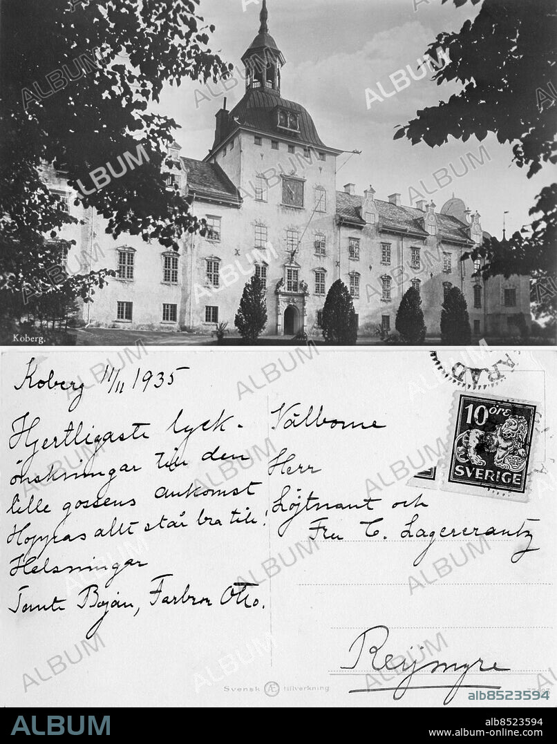 Koberg 1935-11-11 - Brevkort till löjtnant herr och fru C. Lagercrantz i Reijmyre från friherre Otto Silfverskiöld på Koberg angående nedkomsten av ett välskapt gossebarn *** Local Caption *** . *.