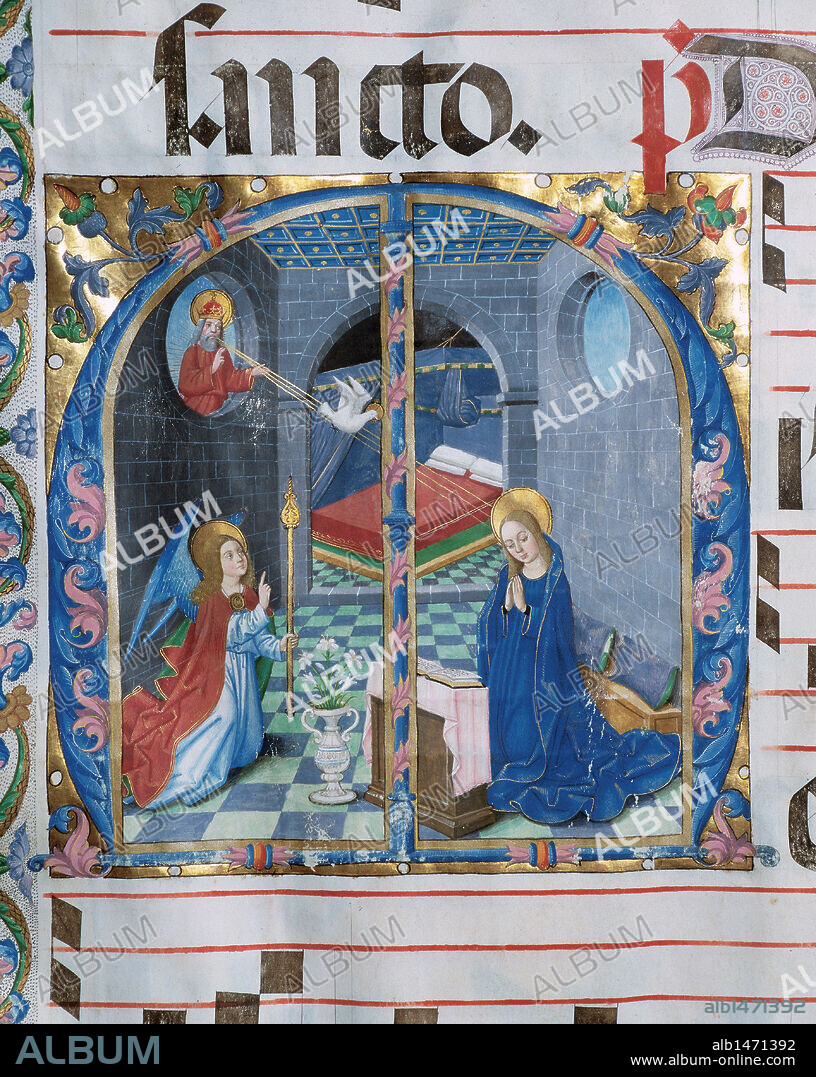 MAESTRO DE BURGO DE OSMA. ARTE GOTICO. ESPAÑA. "CANTORAL Nº 1". Canto gregoriano. Finales del siglo XV, inicios del XVI. Antifonario. Fiesta de la Virgen. Pergamino. Tamaño: 800 x 600 mm. "LA ANUNCIACION A LA VIRGEN MARIA". Obra del MAESTRO DE OSMA, hacia el 1460-70. Perteneciente al "Scripturium" del Monasterio de San Jerónimo de Guijola (Soria) o procedente de la recuperación de la Desamortización de Mendizabal (S. XIX). Archivo Capitular de El Burgo de Osma. (Soria) .