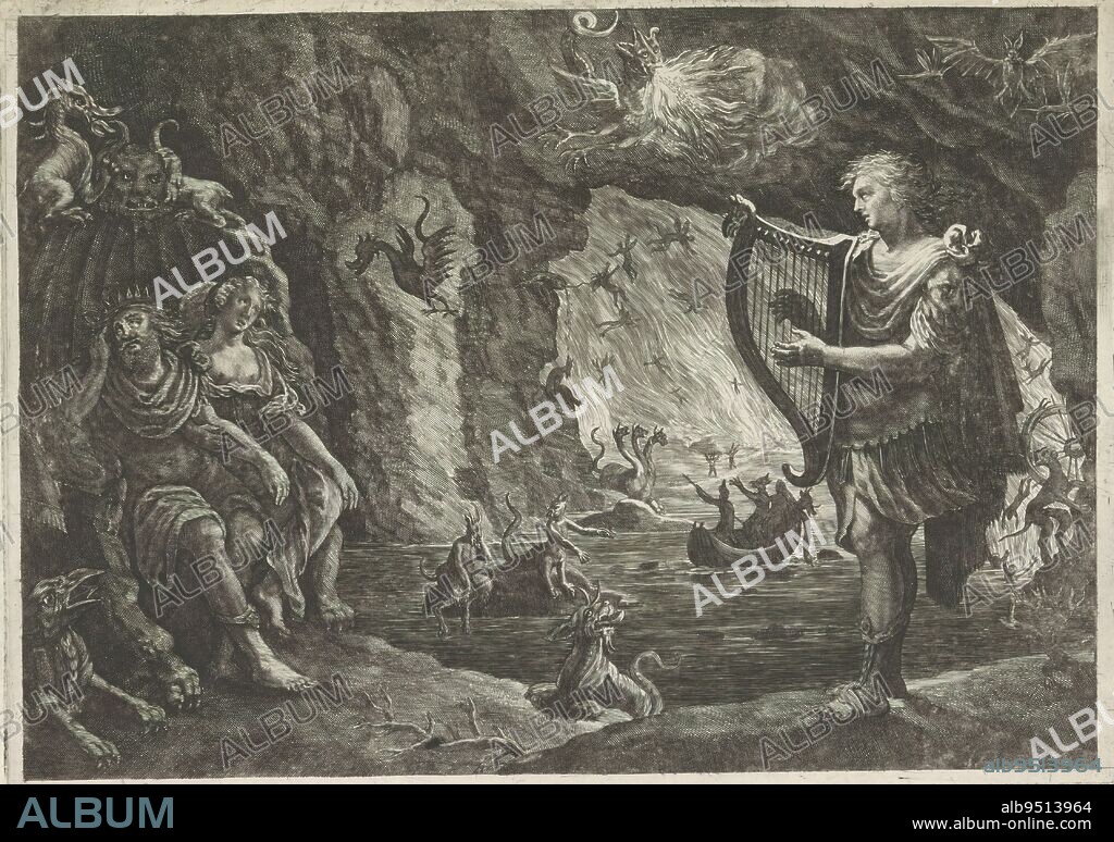 Orpheus in the Underworld, Metamorphoses by Ovid (series title), Orpheus has descended into the underworld and plays his lyre to induce Pluto to give him back his wife Eurydice., print maker: Magdalena van de Passe, (possibly), after design by: Jacob Isaacsz. van Swanenburg, publisher: Crispijn van de Passe (II), (attributed to), c. 1636 - 1670, paper, engraving, height 165 mm × width 231 mm.
