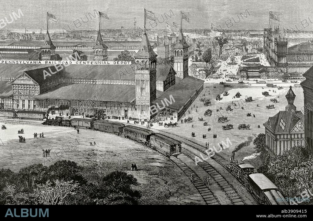Estados Unidos. Exposición Universal de Filadelfia, 1876. Tuvo lugar entre el 10 de mayo y el 10 de noviembre de 1876, conmemorando el centenario de la firma de la Declaración de Independencia. Vista panorámica del Parque de Fairmount, tomada desde la via ferrea de Pensilvania. En primer término, almacenes de la Compañia de Pensilvania. Grabado. La Ilustración Española y Americana, 30 de mayo de 1876. Biblioteca Histórico Militar de Barcelona. Cataluña, España.