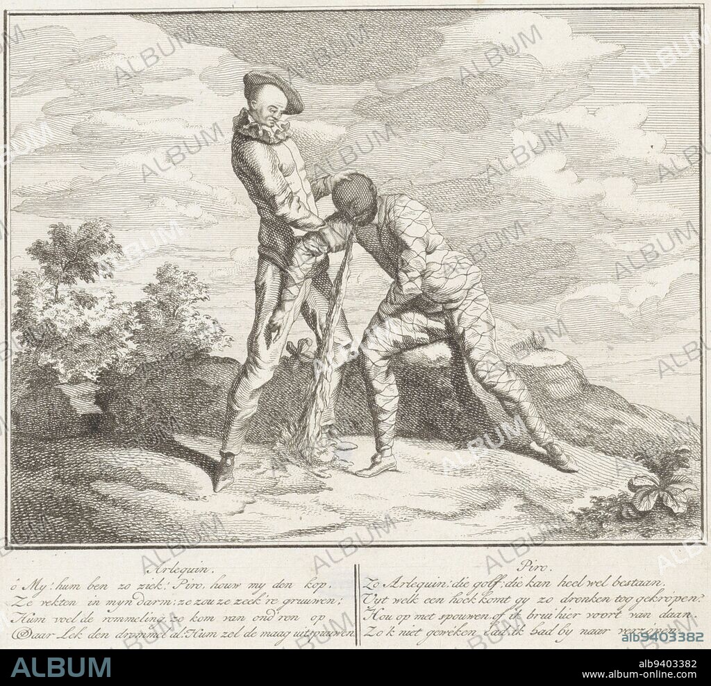 Piro helps Arlequin surrender Arlequin as educator of the little Arlequin (title series) The newly opened Italian Theatre (title series), print maker: anonymous, intermediary draughtsman: Gerardus Josephus Xavery, publisher: Pieter Schenk (II), Amsterdam, 1720 - 1728, paper, etching, engraving, h 233 mm × w 207 mm.