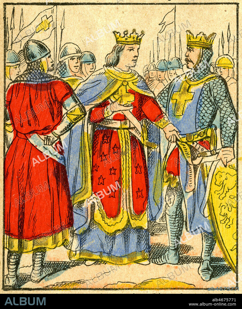 PHILIPPE-AUGUSTE (1165-1223), FREDERIC BARBEROUSSE (1122-1190), empereur d'Allemagne et RICHARD COEUR DE LION (1157-1199), roi d'Angleterre tentent de reprendre Jerusalem en 1190 a SALADIN (1138-1193) mais n'arrivent a s'emparer que de Saint-Jean d'Acre. Imagerie d'Epinal vers 1890. Credit: Collection KHARBINE-TAPABOR.