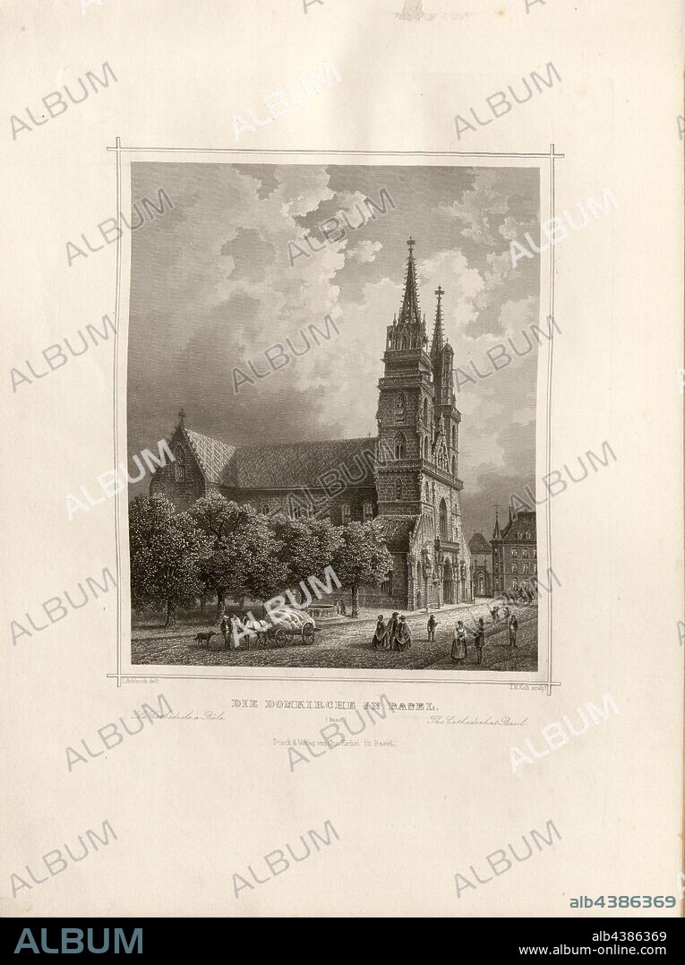 Die Domkirche in Basel, Basel Minster with Cathedral Square, signed: L. Rohbock (del.), Kolb, J. M. (sculp.), Pl., 3, p. 11, Rohbock, Ludwig (del.); Kolb, Joseph Maximilian (sculp.), 1870, Ludwig Rohbock: Album der Nord- und Ostschweiz: 100 Stahlstiche aus den Cantonen Basel, Solothurn, Aargau, Zürich, Schaffhausen, Thurgau, St. Gallen, Appenzell, Glarus und Graubünden. Basel: Verlag von Chr. Krüsi, [ca. 1870].