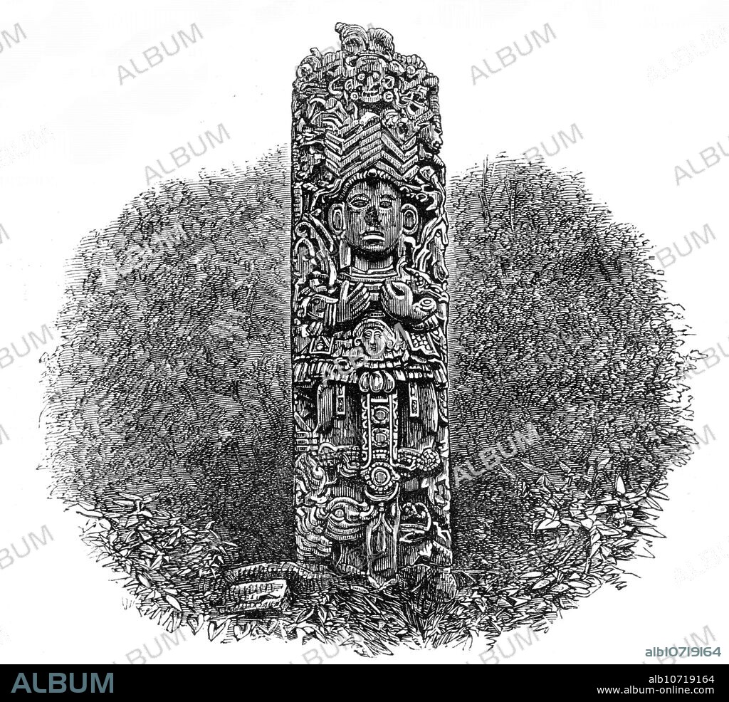The Ruins of Copan, Central America: monolith, 1864. Engraving from a photograph by Mr. Osbert Salvin. 'Just where the ruins stand...the valley opens out into a small alluvial plain of great fertility. Over this plain, wherever the vegetation has been left untouched, forest grows. It would be difficult to determine how far the ruins extend throughout the valley, as sculptured stones are to be seen all along the road leading to what appears to be the central point of the ruins...The traveller comes unexpectedly upon sculptured fragments in almost every direction, and the natives point in the hills to a painted stone here and a carved stone there. The ruins of Copan comprise the walls of a supposed temple, 624 ft. in length, and many pyramidal structures...sculptured stones of all sizes lie scattered in profusion, some bearing hieroglyphics...With the exception of a few monoliths, hardly any of the ruins remain undisturbed. The terraces and pyramidal mounds have had their steps and stonework almost universally displaced. The mere force of the roots of the trees which grow upon and between the stones, or even the earthquakes to which they must have been subjected from time to time, seem insufficient to account for so general a dislocation'. From "Illustrated London News", 1864.