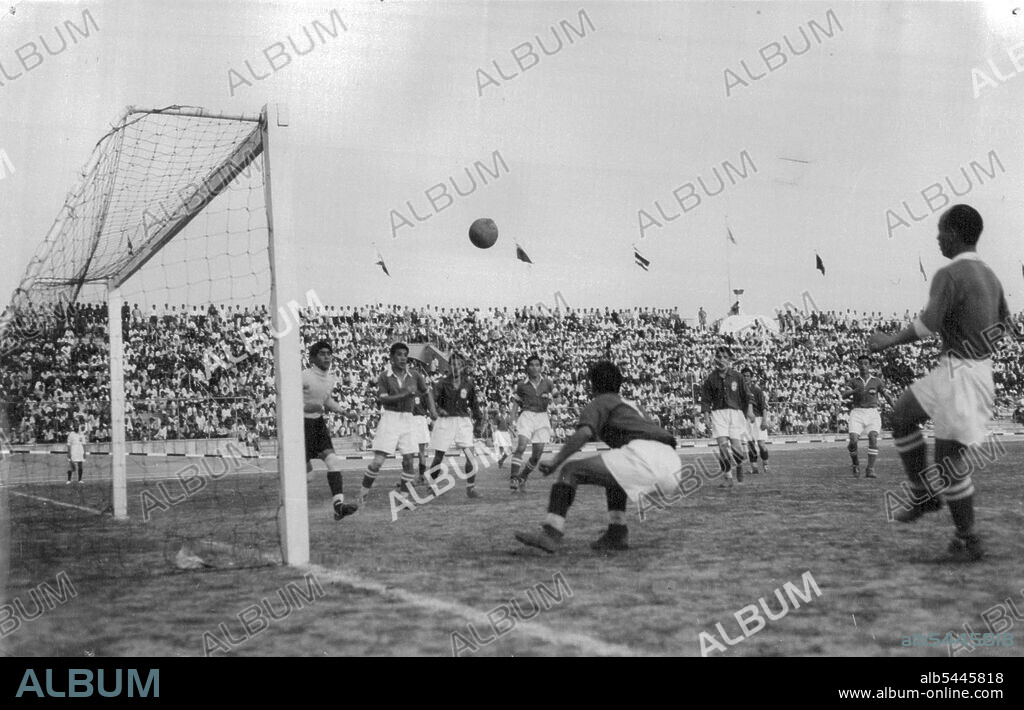 A tense moment during the foot-ball play. The first Asian Games - 1951 were continued at the National Stadium, New Delhi, on March 8. In the re-play of the Foot-ball semi-final between Iran and Japan, Iran won against Japan by three goals to two. March 09, 1951.