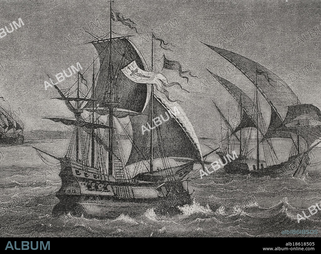 Las tres embarcaciones de Colón: la carabela Niña, la carabela Pinta, y la nao Santa María. Grabado, copia de un original de Roze. América. Historia de su descubrimiento desde los tiempos primitivos hasta los más modernos, escrita por Rodolfo Cronau. Tomo I. Publicado en Barcelona, 1892.