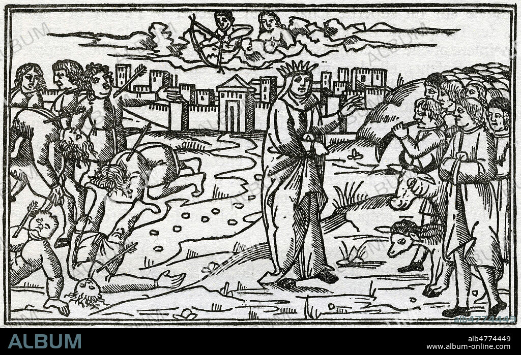 NIOBE, apres avoir vu tous ses enfants tues par APOLLON et DIANE, est changee en rocher. Xylographie anonyme du 16eme siecle pour Les Metamorphoses d'OVIDE (-43 a c.18) . Credit :.