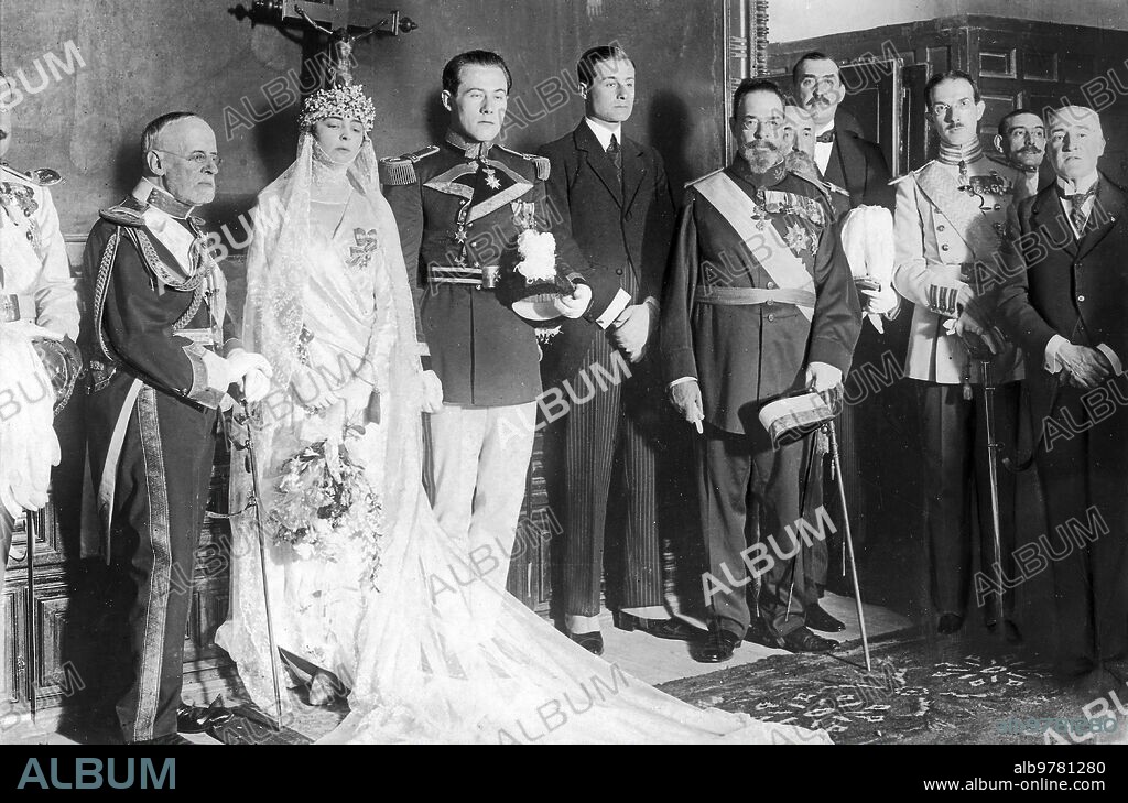 October 1921. Madrid. An Aristocratic Wedding of the Marchioness of Belvis de las Navas (Maria de la Piedad Iturbe y Scholtz) and Prince Hohenlohe Langerburg after receiving the Wedding Blessing.