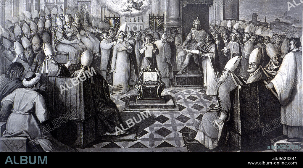 Council of Chalcedon, held in 451 under the pontificate of Pope Leo I and the reign of Marcian, Eutyches the Larceny of Ephesus and the Monophysites are condemned, engraving on a fresco in the Vatican Library, engraver: Dujardin, printing: Lemercier et Cie. Paris, 1868.