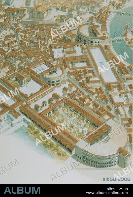 Rom - Roma (Italien), Marsfeld - Campo Marzo - Campus Martius (Ebene zwischen Mons Pincius, Quirinalis und Capitolinus gegen den Tiber). Rekonstruktion der antiken Bebauung mit dem Theater d. Pompeius (Vordergrund) u. dem Theater d. Balbus (dahinter). Am Tiber (oben, re.) d. Theater d. Marcellus u. d. Circus Flaminius. Aquarell von Peter Connolly (1935-2012).