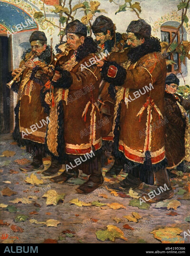'Musicians from Hroznovà Lhota: clarinet, violin and double bass. (1861-1940)', 1948. From Musical Instruments Through the Ages, by Dr. Alexander Buchner. [Spring Books, London, 1948].