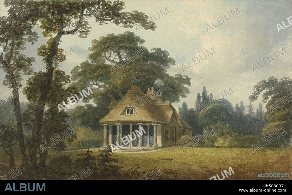 A Summer House with Full-length Lattice Windows, Humphrey Repton, 17521818, British, undated, Watercolor on medium, slightly textured, cream wove paper, Sheet: 5 3/4 × 9 1/4 inches (14.6 × 23.5 cm), architectural subject, clouds, lattice windows, summer house (seasonal dwelling), thatched roof, trees, windows.