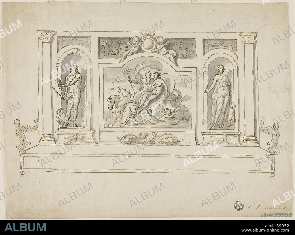 Neptune and Amphitrite Flanked by Jupiter and Juno: Design for Painted Hall or Garden Bench. James Thornhill; English, 1675-1734. Date: 1695-1734. Dimensions: 228 × 303 mm. Pen and brown ink with brush and gray wash, over graphite, on ivory laid paper. Origin: England.
